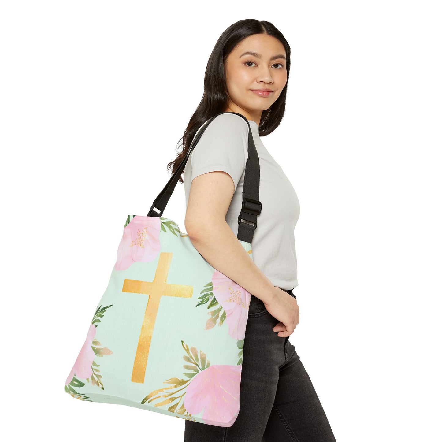 Cross with Flowers Adjustable Tote