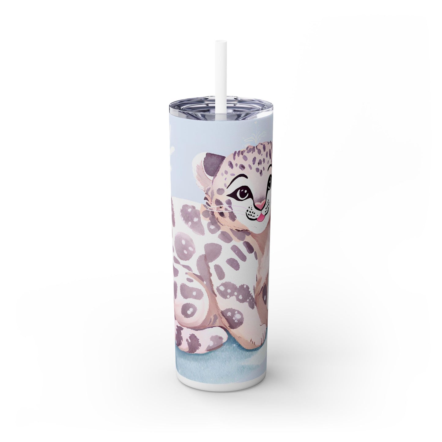 Snow Leopard Skinny Tumbler with Straw, 20oz