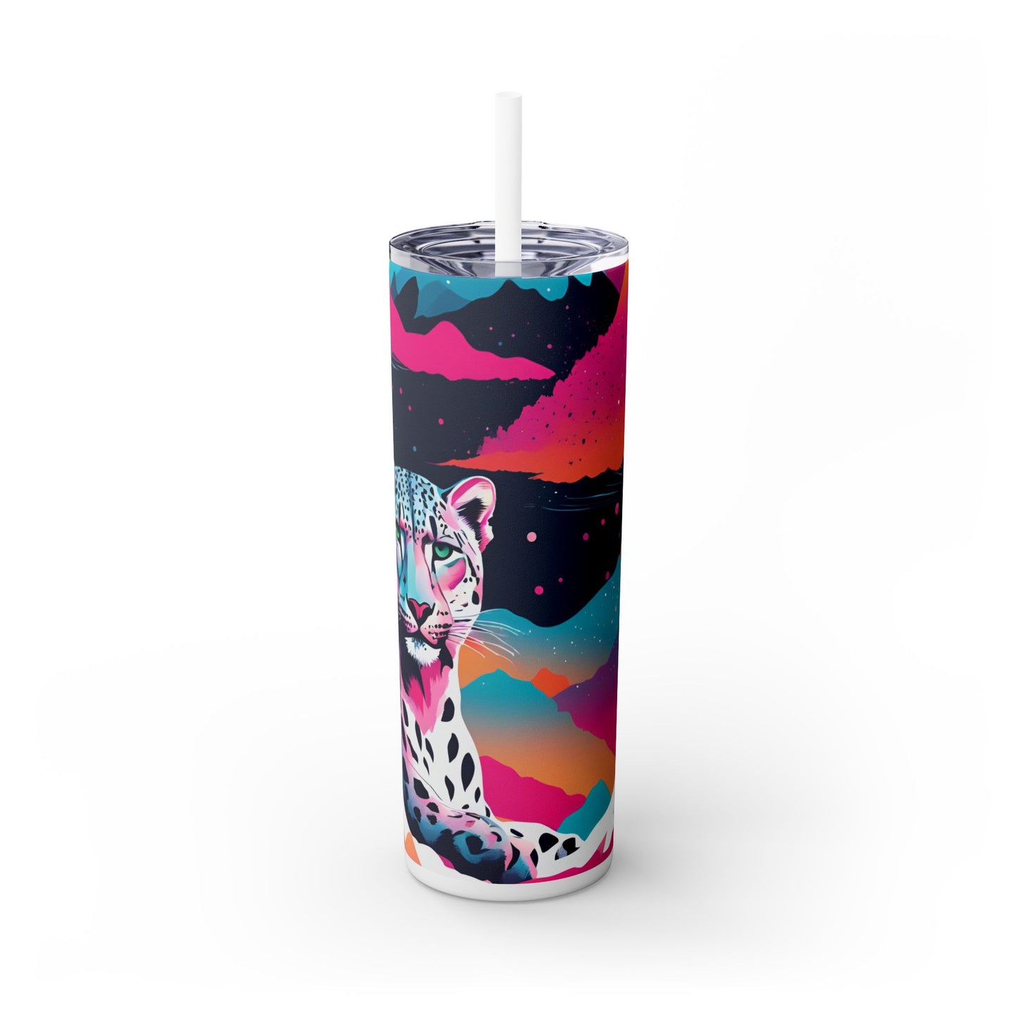 Snow Leopard Skinny Tumbler with Straw, 20oz