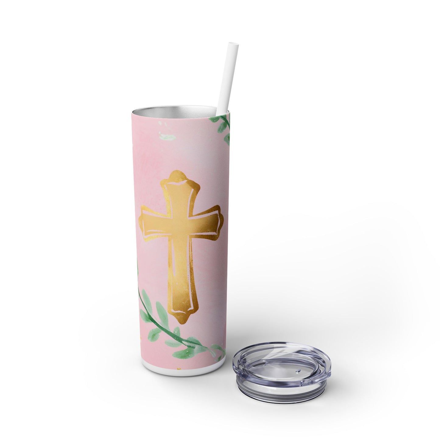 Cross with Flowers Skinny Tumbler with Straw, 20oz