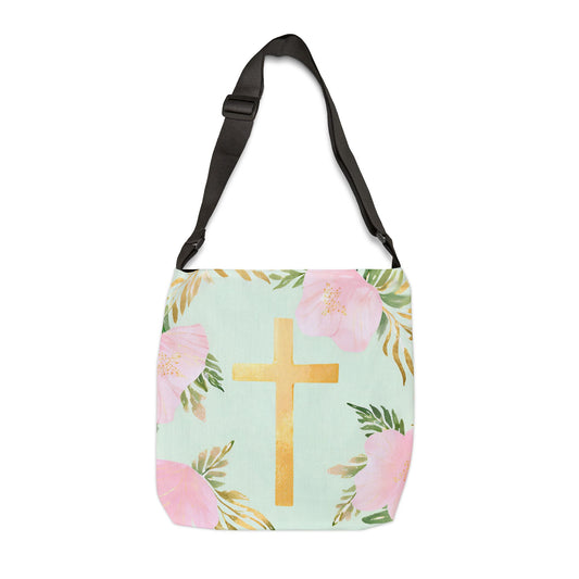 Cross with Flowers Adjustable Tote