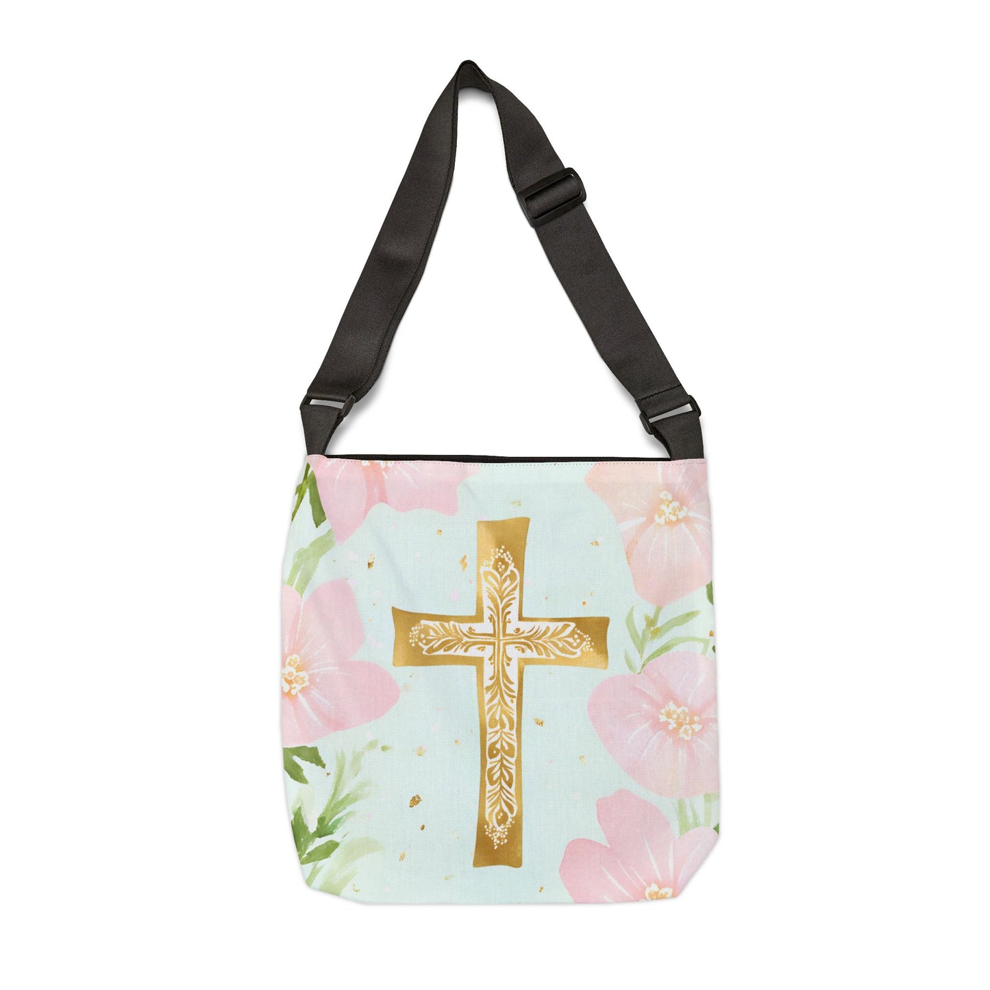 Gold Cross with Flowers Adjustable Tote