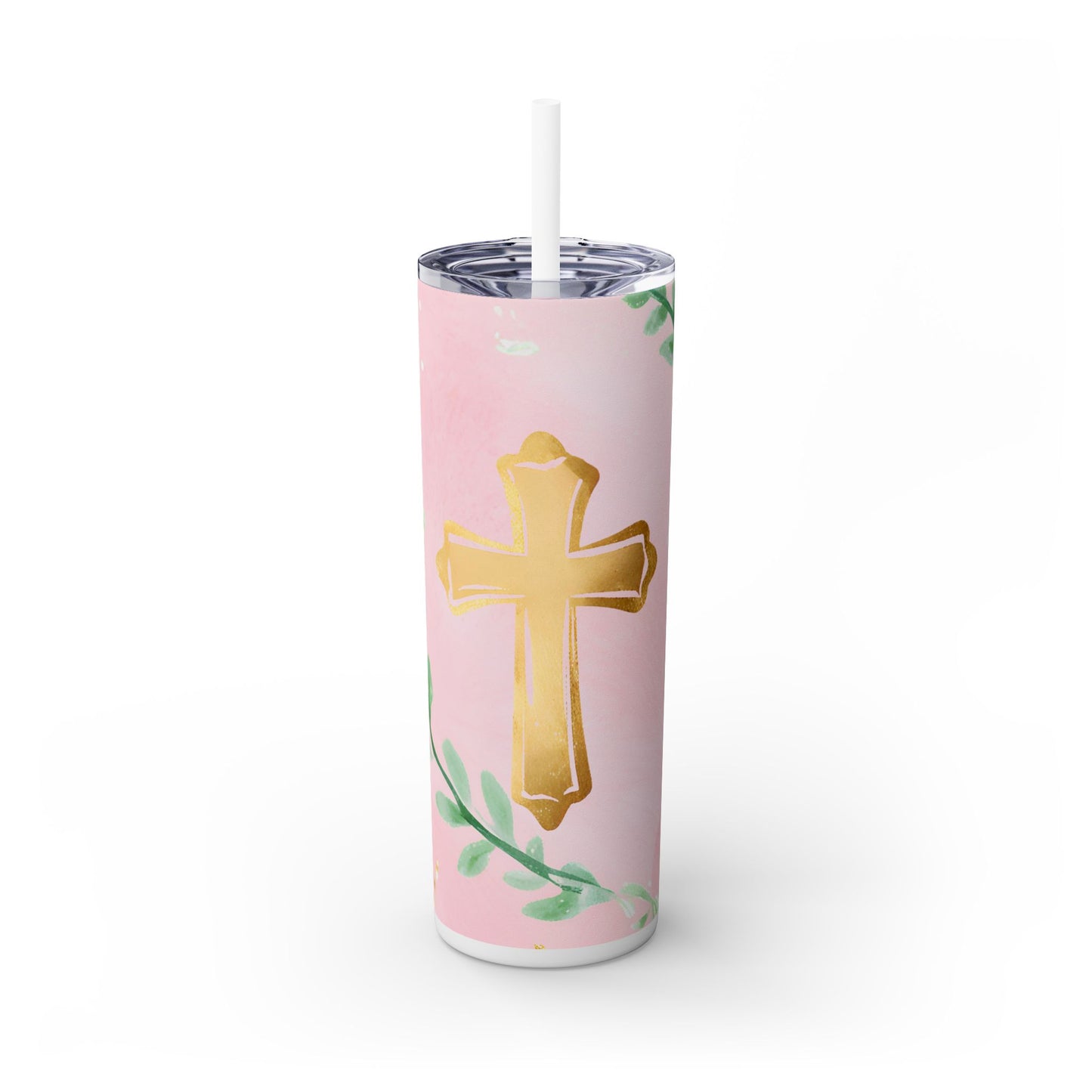 Cross with Flowers Skinny Tumbler with Straw, 20oz