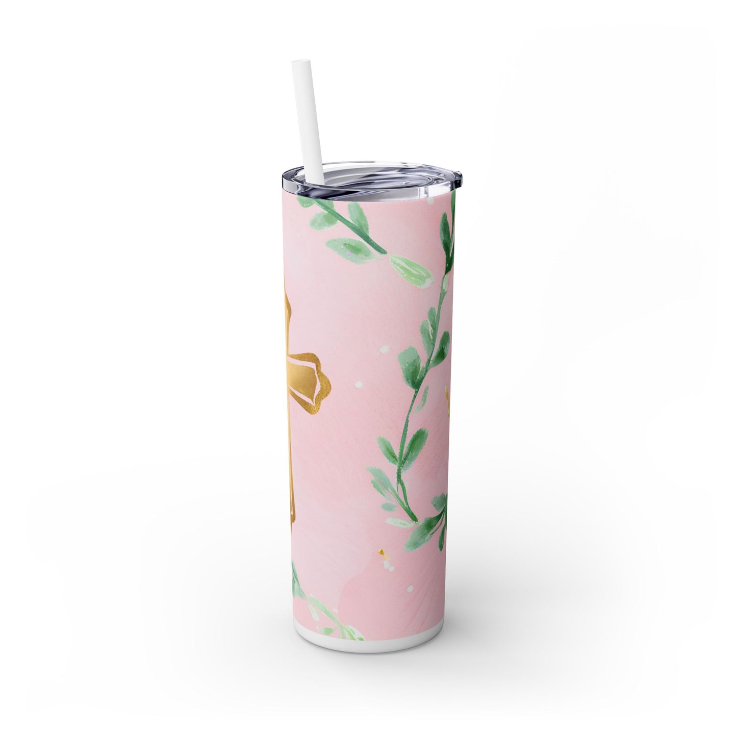 Cross with Flowers Skinny Tumbler with Straw, 20oz