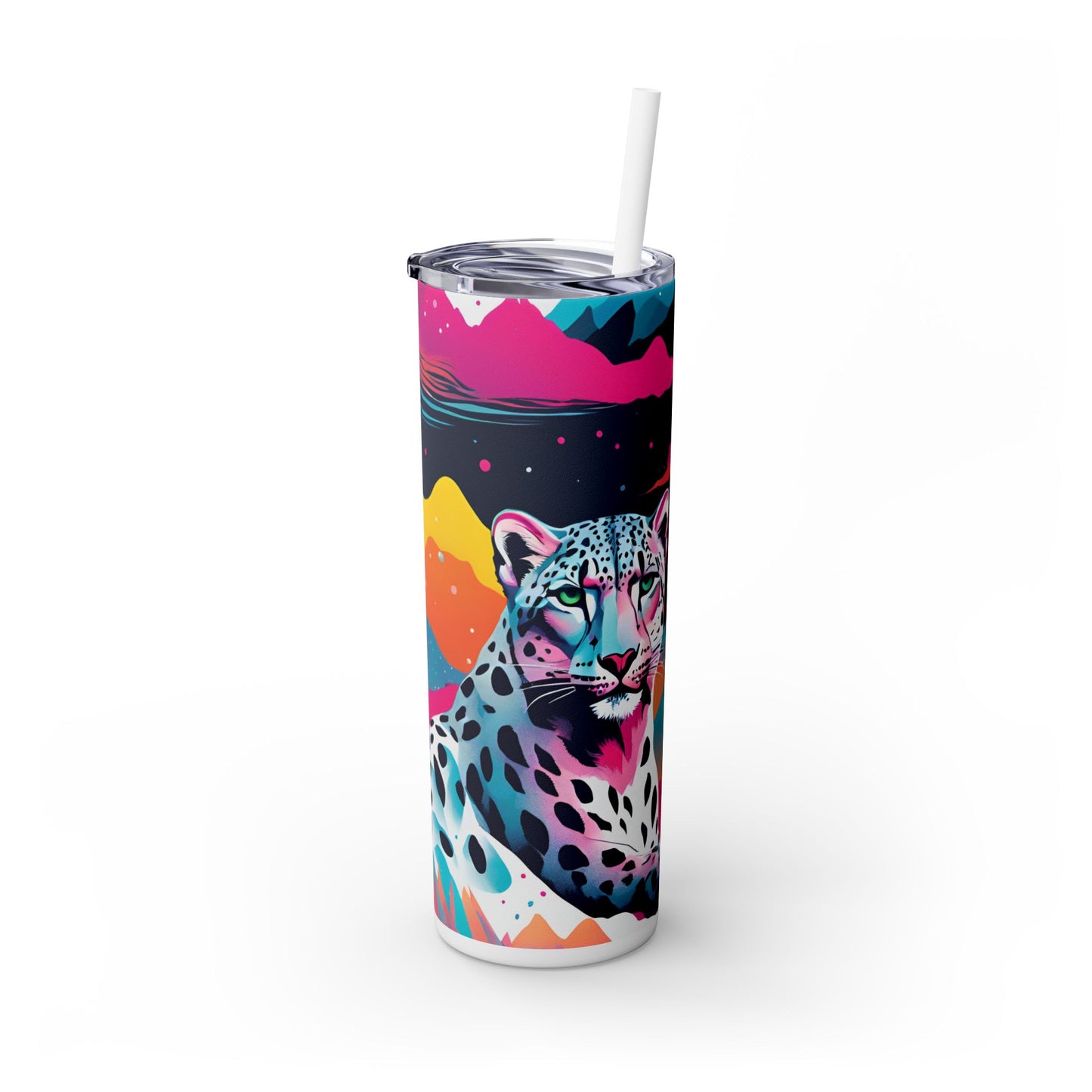 Snow Leopard Skinny Tumbler with Straw, 20oz