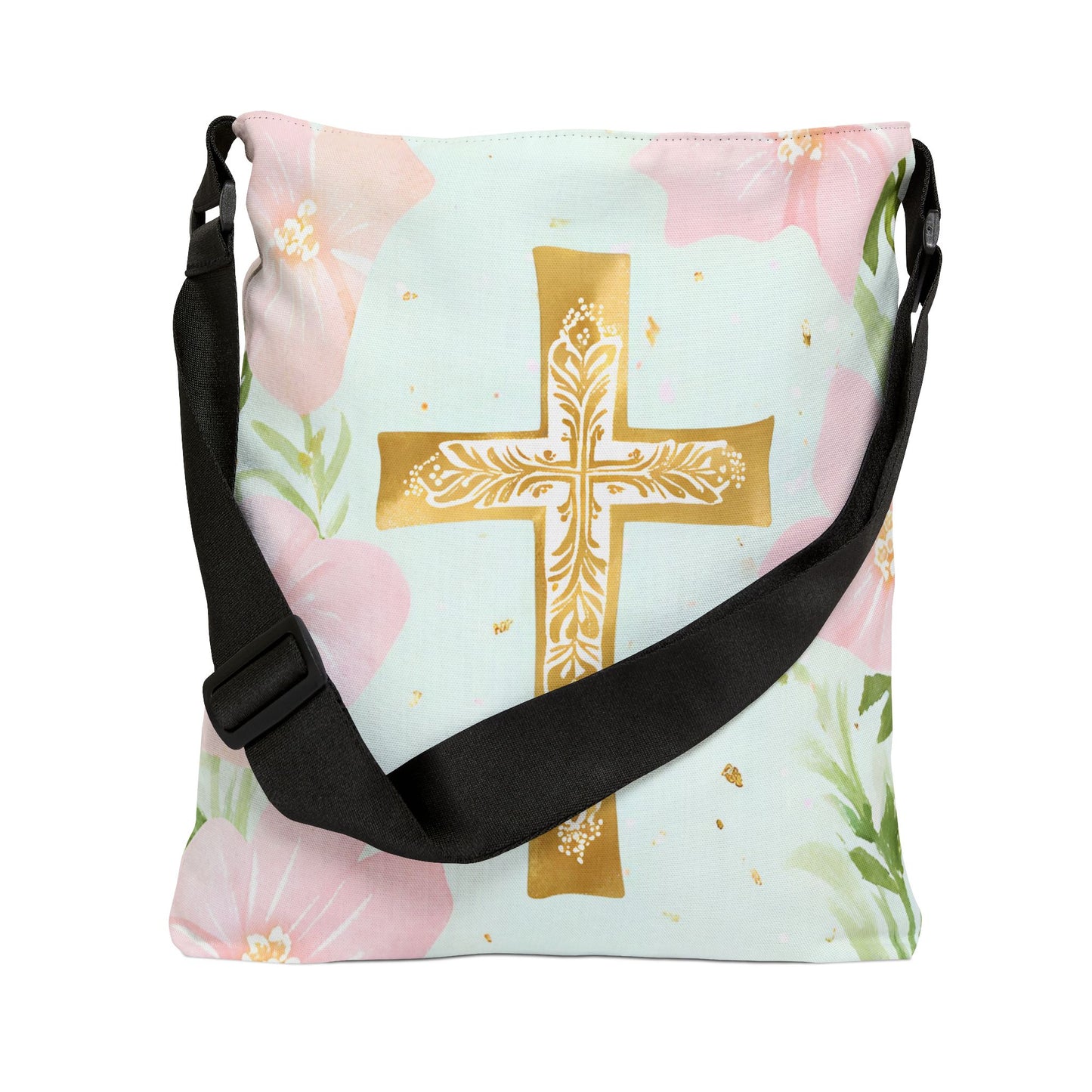 Gold Cross with Flowers Adjustable Tote