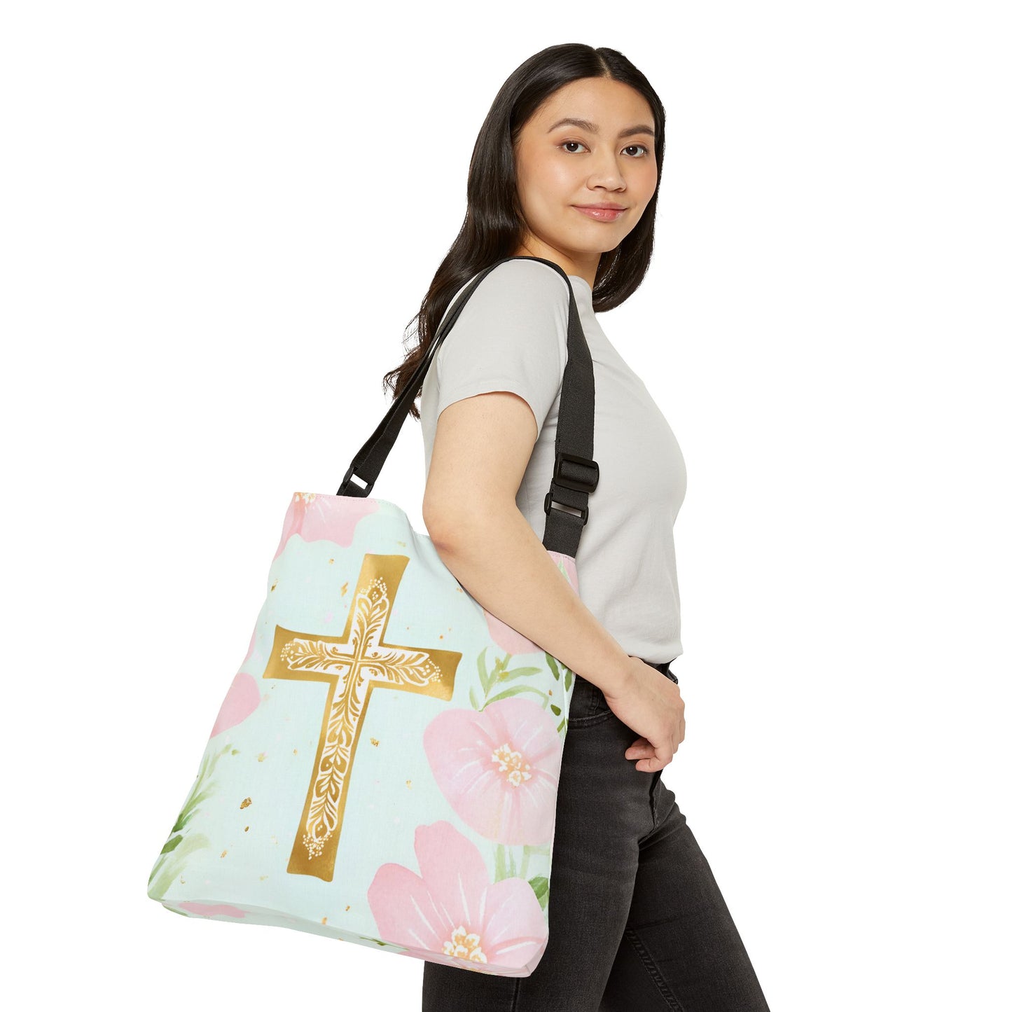 Gold Cross with Flowers Adjustable Tote