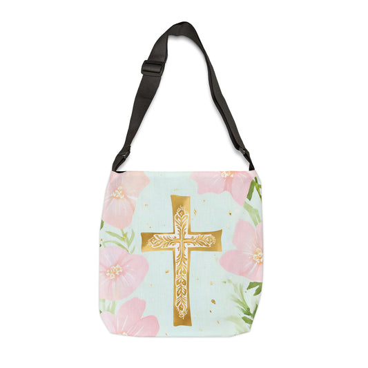 Gold Cross with Flowers Adjustable Tote